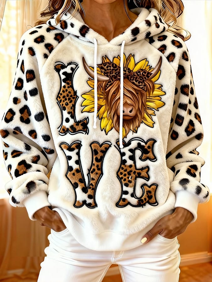 女士高地牛仔印花法蘭絨插肩袖連帽上衣