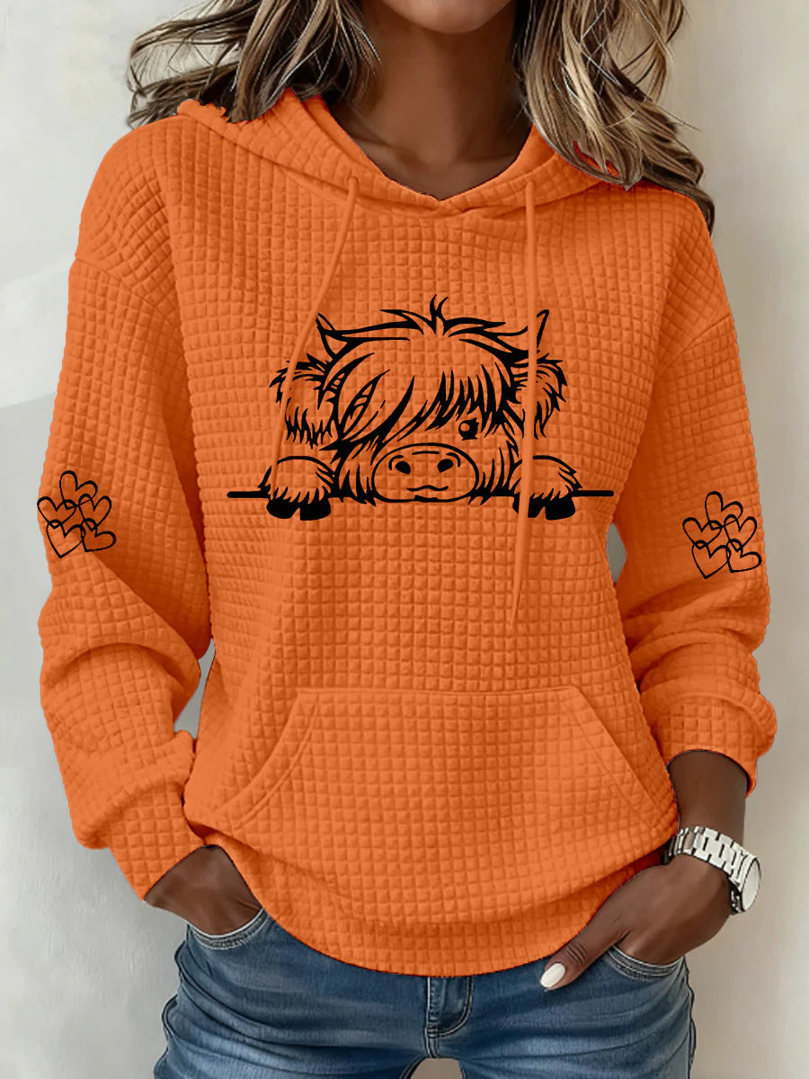 Women's Highland Cow Print Relaxed Fit Waffle Knit Sweatshirt