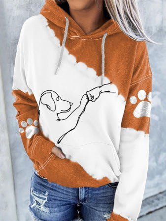 Women's long-sleeved hooded sweatshirt with dog pattern print