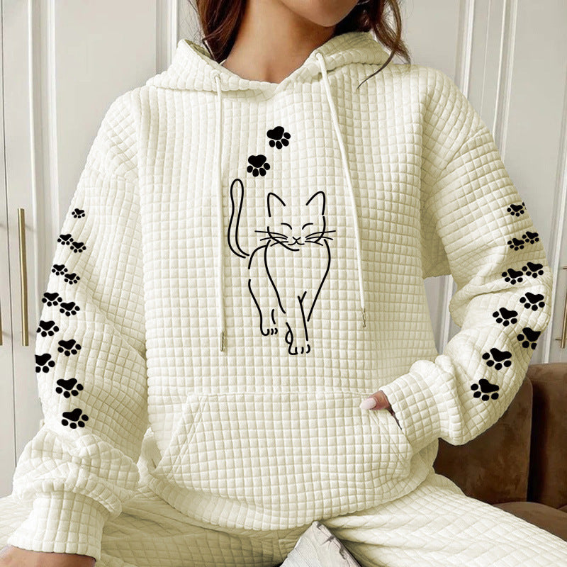 Women's loose-fitting waffle-knit pullover sweater with cat pattern