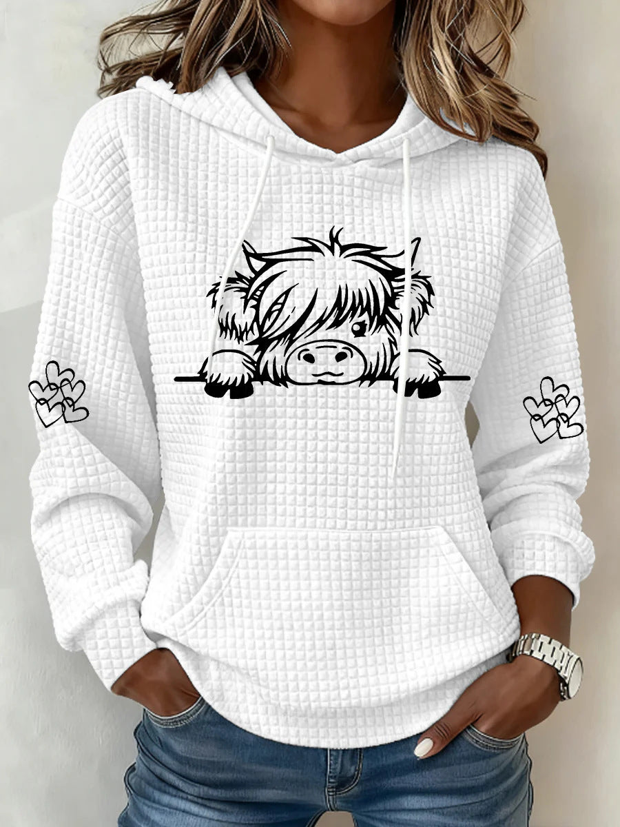 Women's Highland Cow Print Relaxed Fit Waffle Knit Sweatshirt