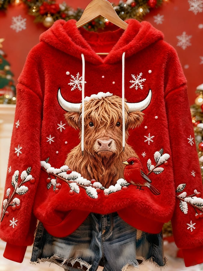 女士聖誕高地牛仔印花衛衣