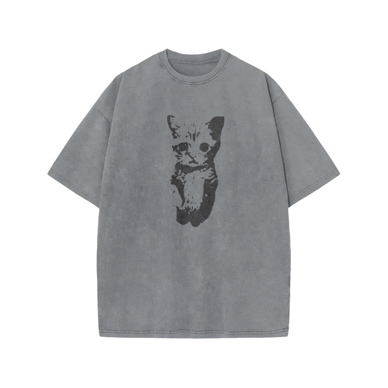 Unisex Cute Cat Print Acid Washed T-shirt