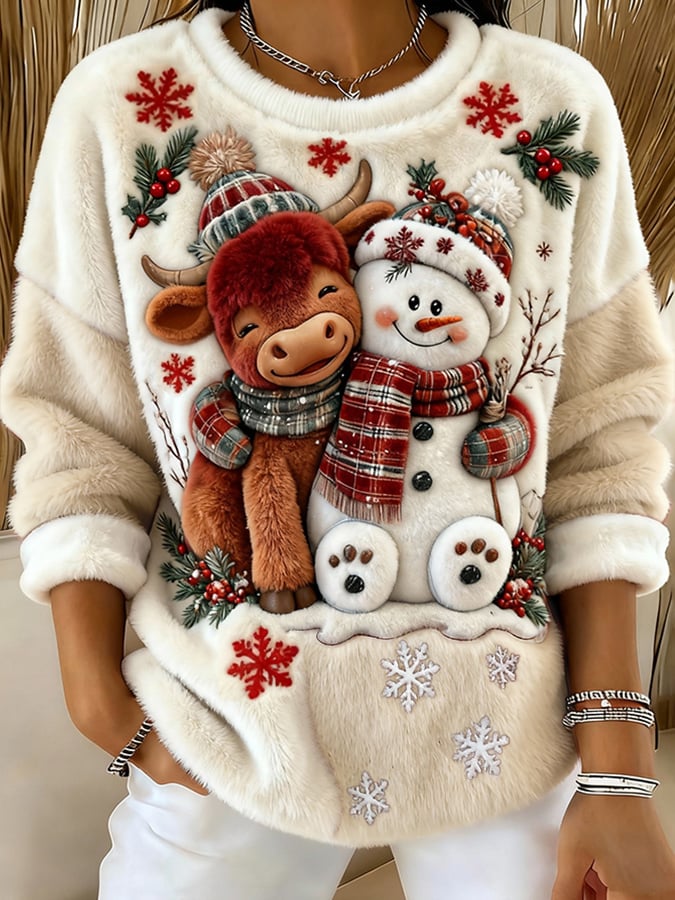 女士高地牛藝術印花圓領上衣