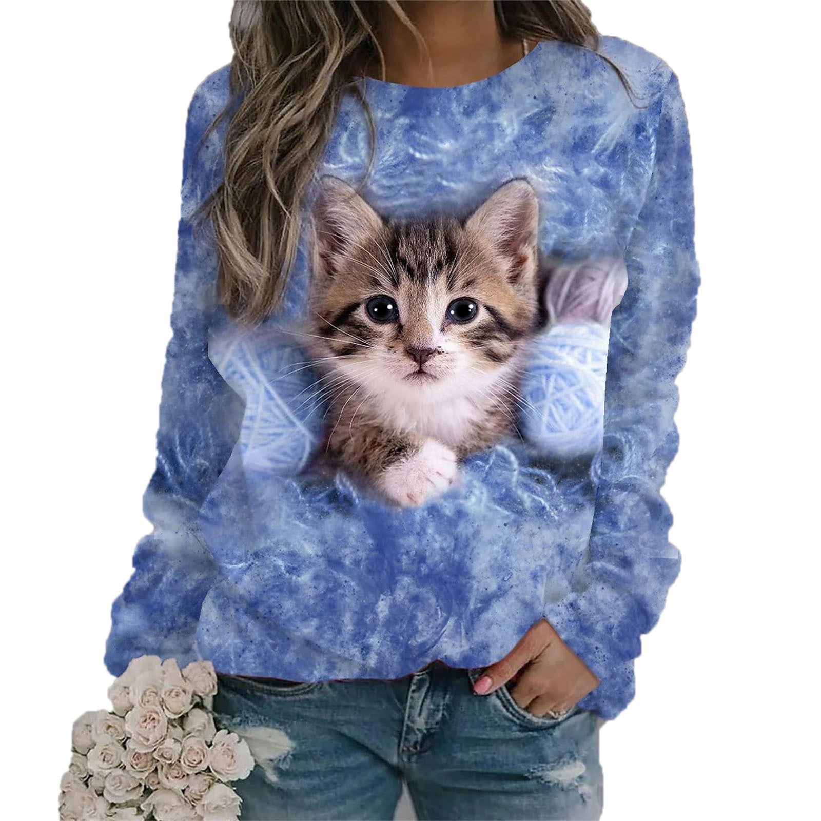 Women's long-sleeved sweatshirt with cat pattern