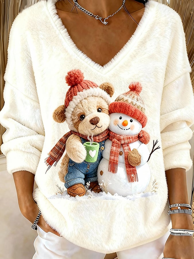 Women's Animal Highland Cow Yeti Art Print V-Neck Top