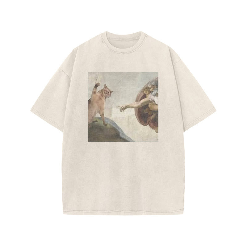 Unisex Oil Painting Cat Print Acid Washed T-shirt
