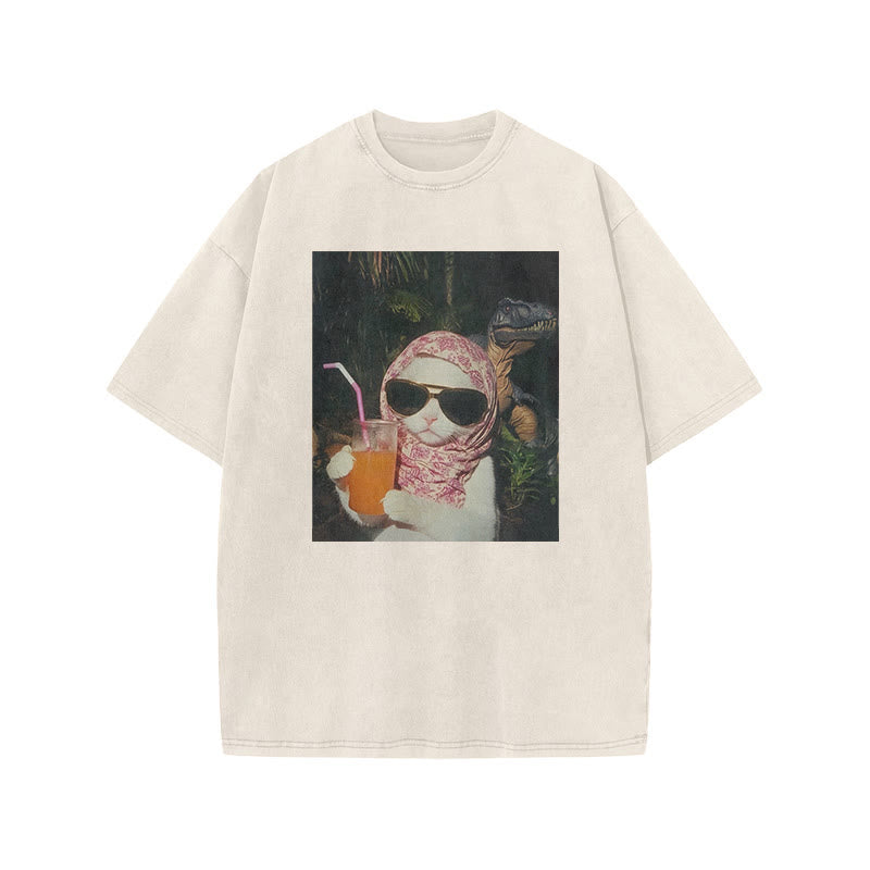 Unisex Holiday Cat Print Acid Washed T-shirt