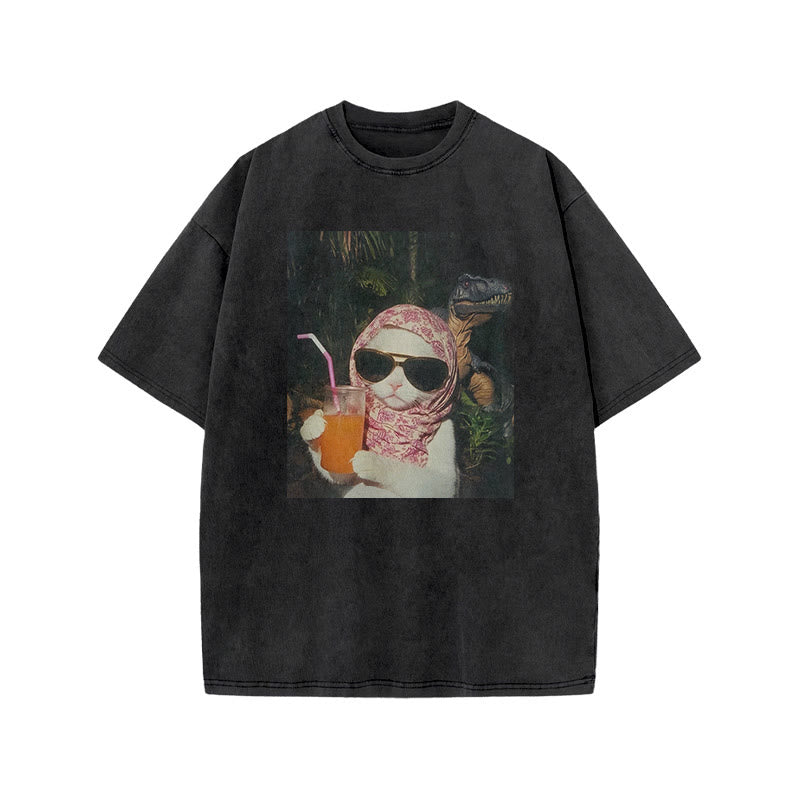 Unisex Holiday Cat Print Acid Washed T-shirt