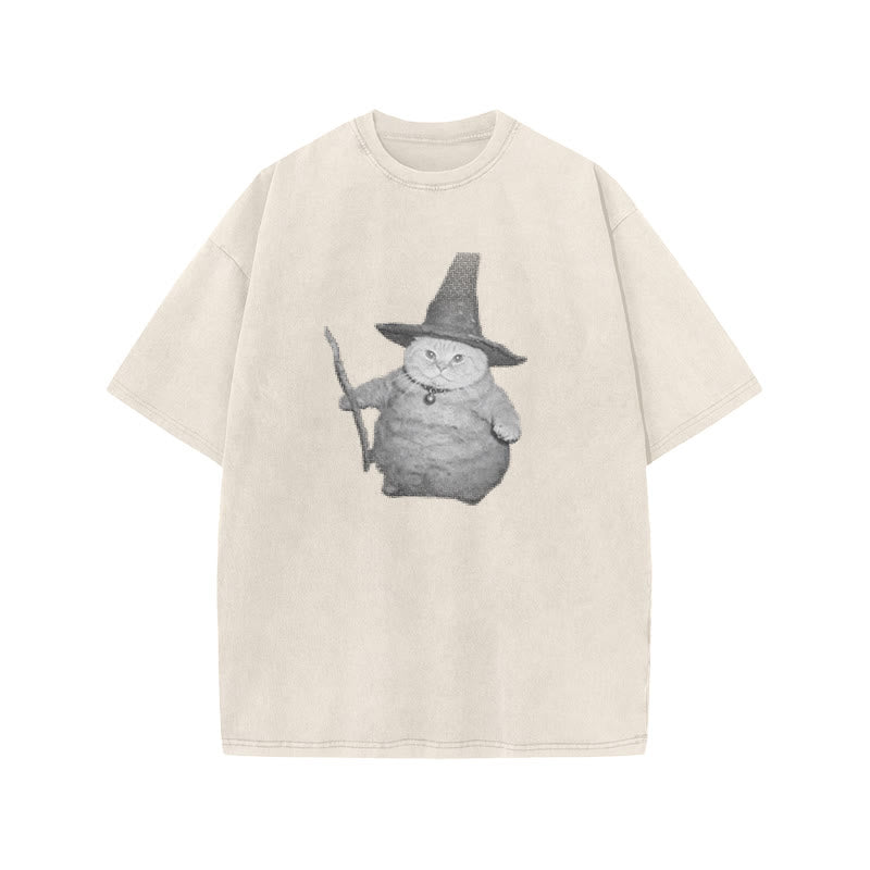 Unisex Wizard Cat Print Acid Washed T-shirt