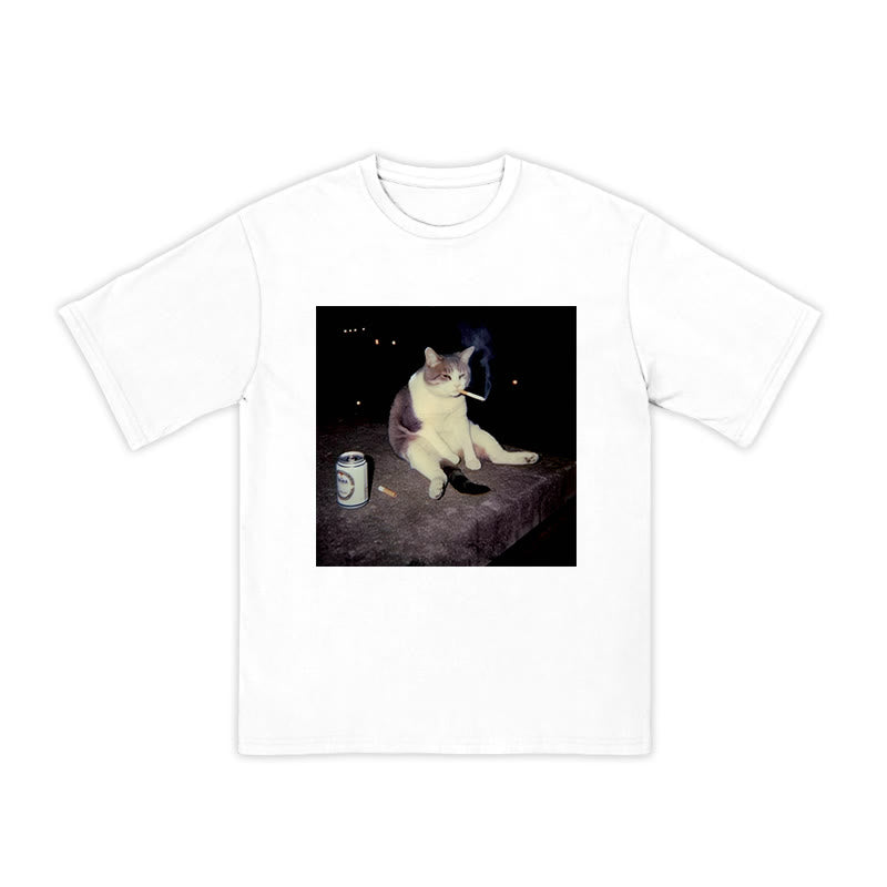 Unisex Smoking Decadent Cat Print T-shirt