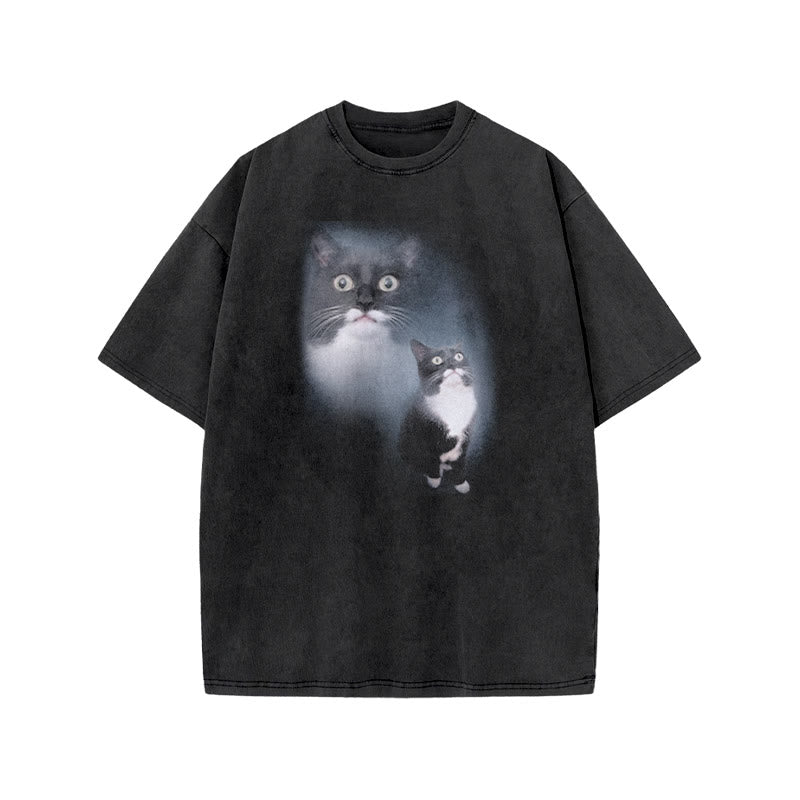 Unisex Funny Cow Cat print Acid Washed T-shirt