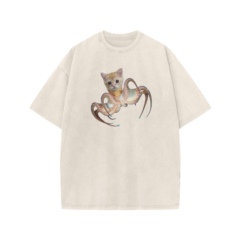 Unisex Cat Octopus Print Acid Washed T-shirt