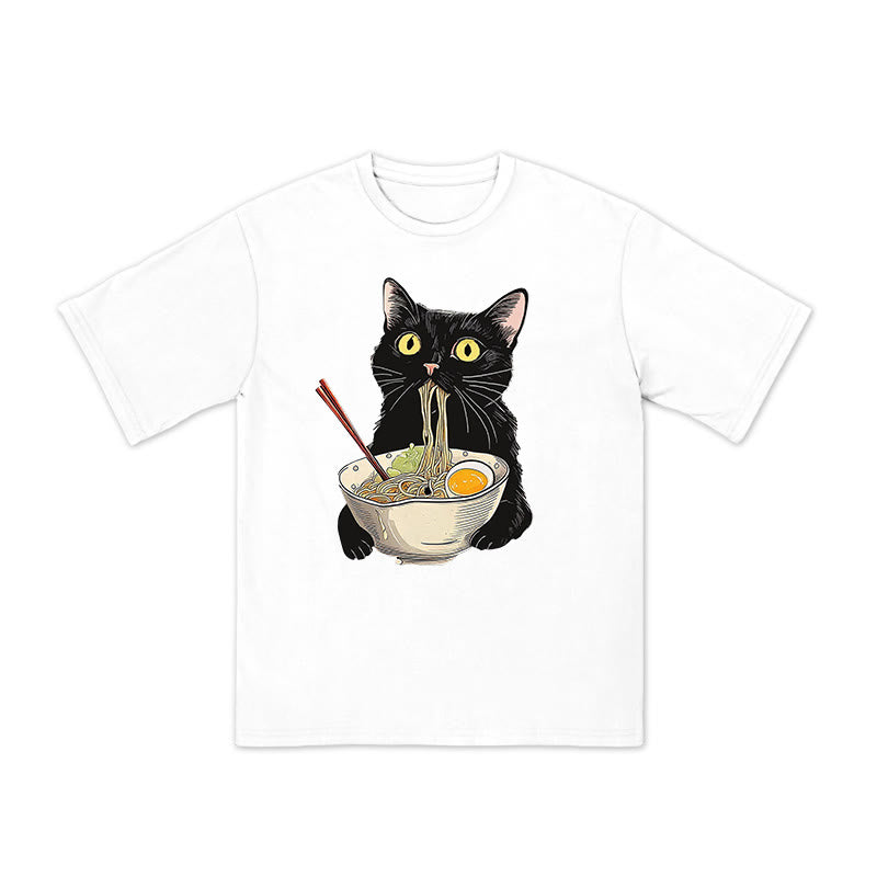 Unisex Cat Eating Ramen Print T-shirt