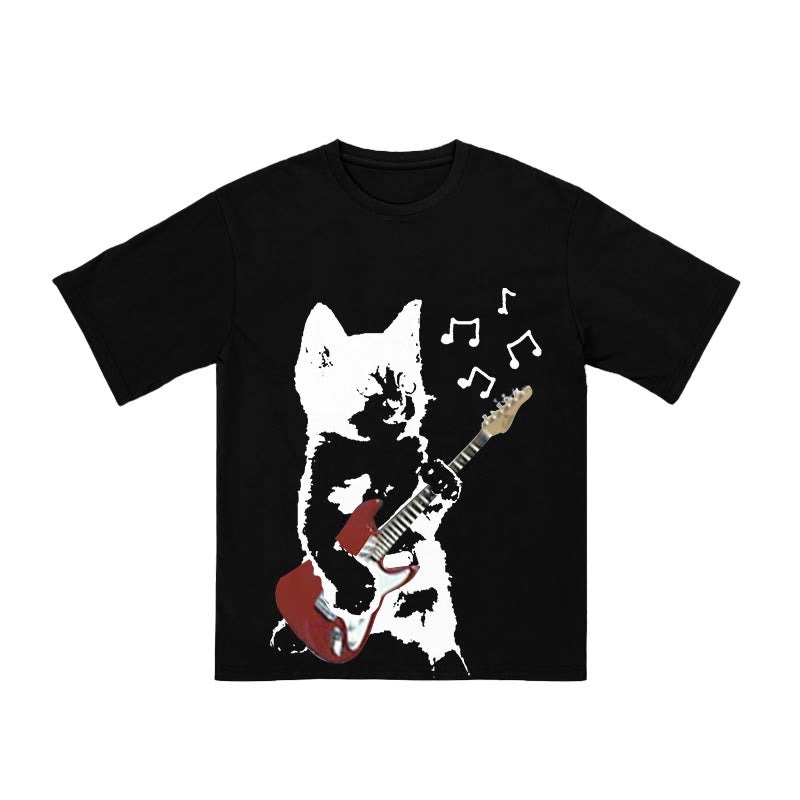 Unisex Cat Playing Electric Guitar Print T-shirt