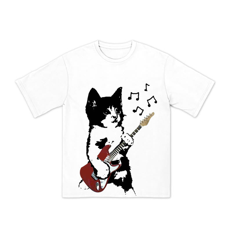 Unisex Cat Playing Electric Guitar Print T-shirt