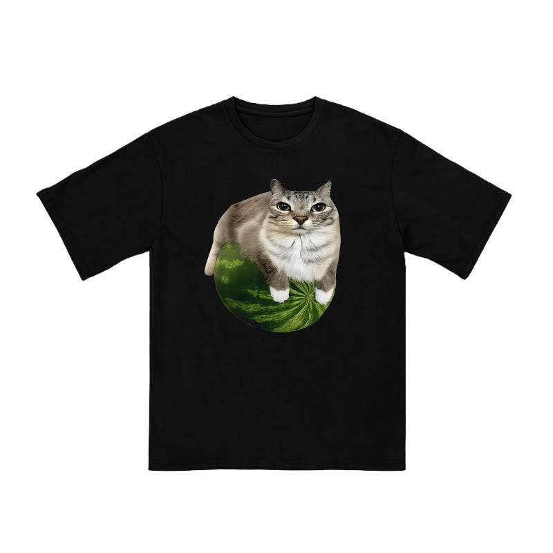 Unisex Cat Lying On Watermelon Print T-shirt
