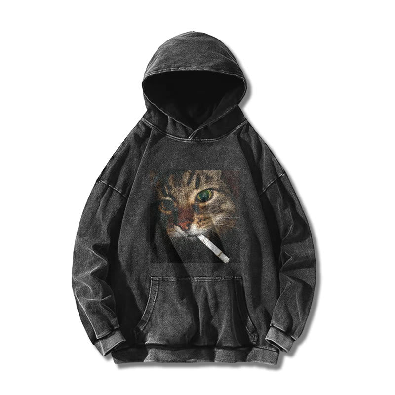 Unisex Cat With Cigarette In Mouth Printed Washed Hoodie