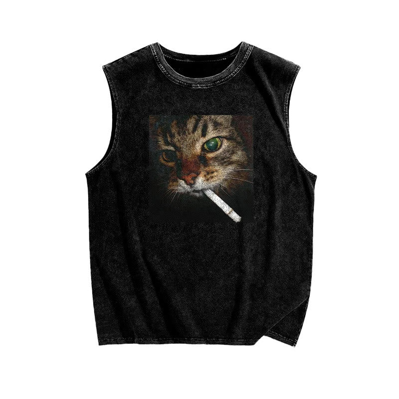 Unisex Cat With Cigarette In Mouth Print Washed Tank Top