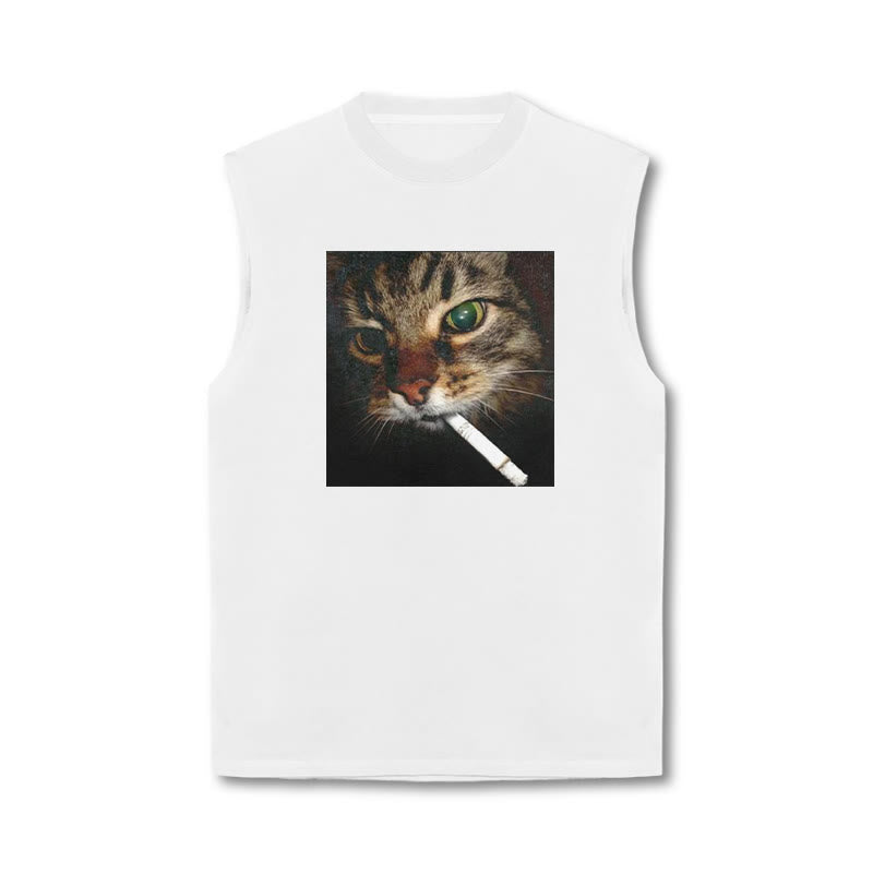 Unisex Cat With Cigarette In Mouth Print Tank Top