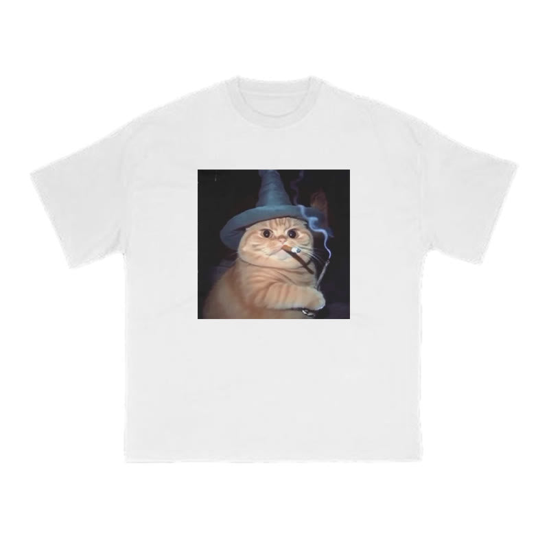Unisex Smoking Wizard Cat Halloween Print T-shirt