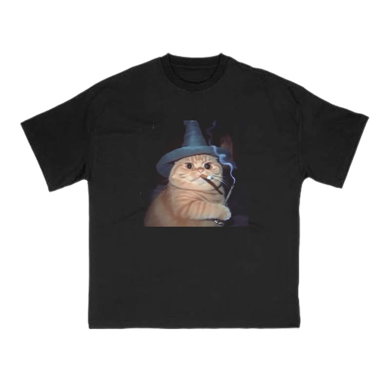 Unisex Smoking Wizard Cat Halloween Print T-shirt