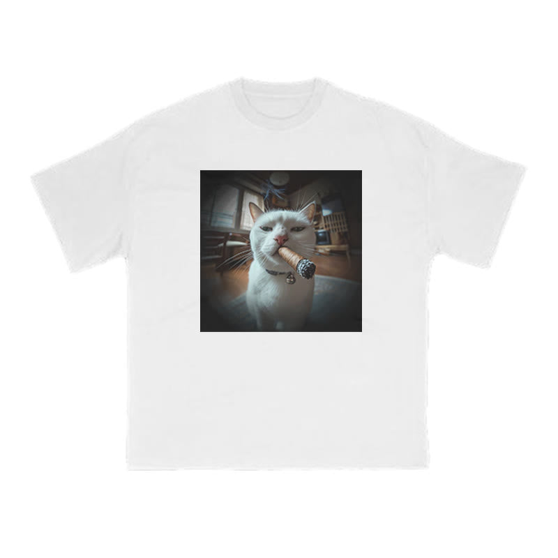 Unisex Cat Smoking A Cigar Print T-shirt