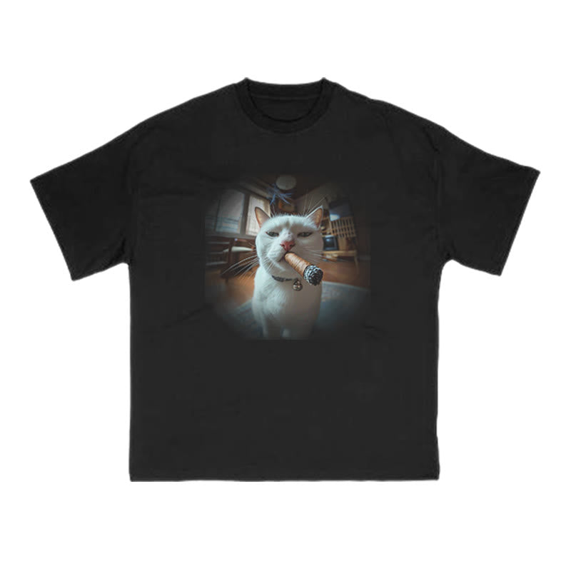 Unisex Cat Smoking A Cigar Print T-shirt