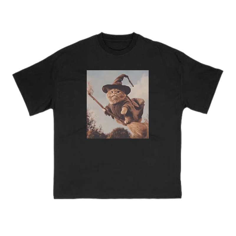Unisex Cat Riding A Magic Broom Halloween Print T-shirt