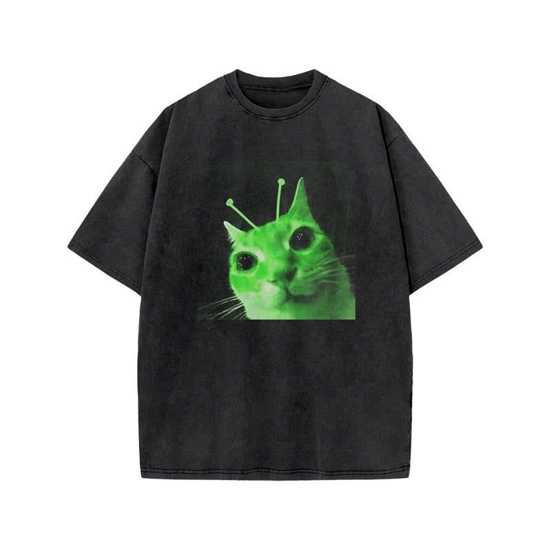 Unisex Alien Cat Halloween Print Acid Washed T-shirt