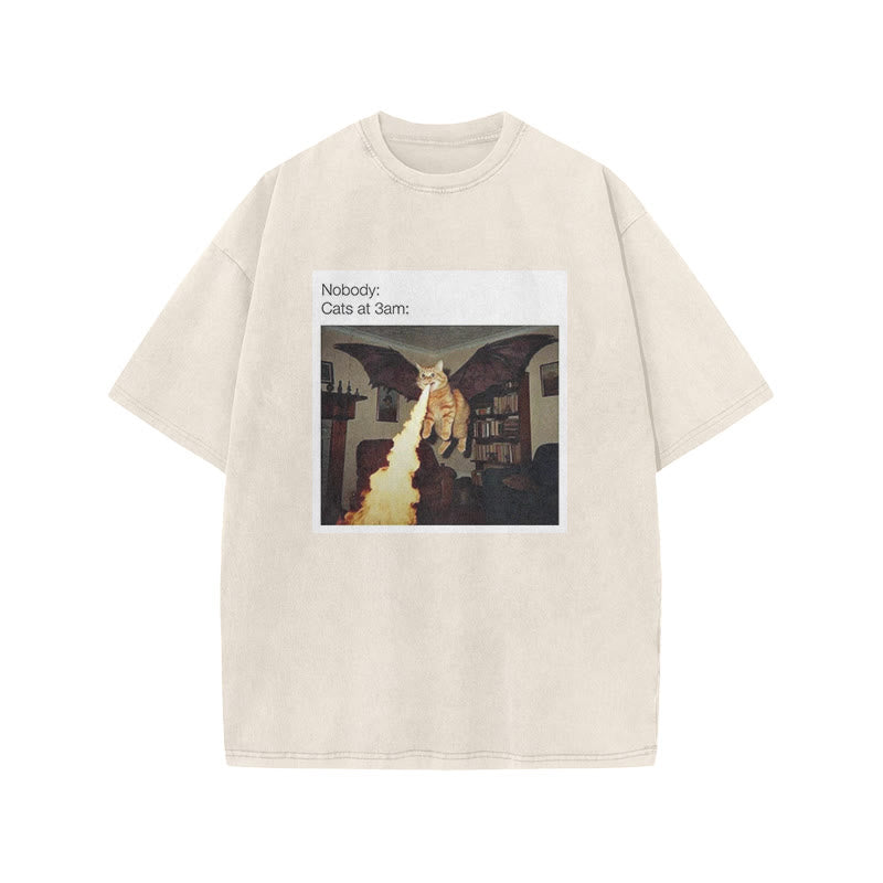 Unisex Cat At 3am Halloween Print Acid Washed T-shirt
