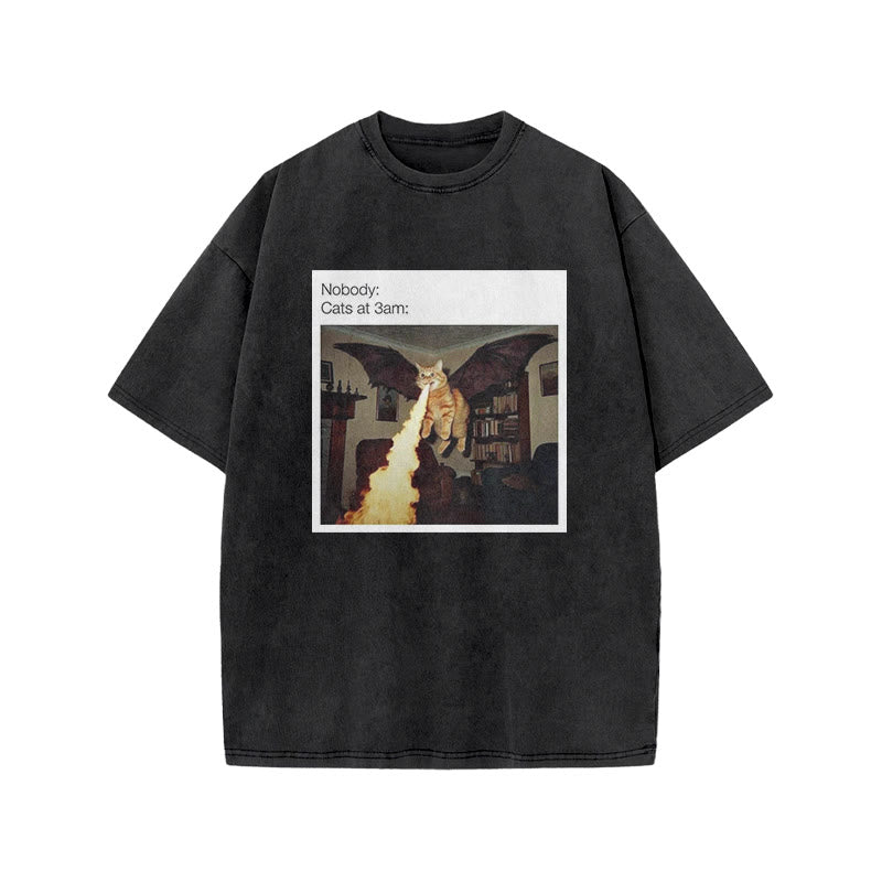 Unisex Cat At 3am Halloween Print Acid Washed T-shirt