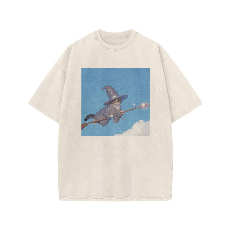 Unisex Cat Riding A Crystal Staff Print Acid Washed T-shirt