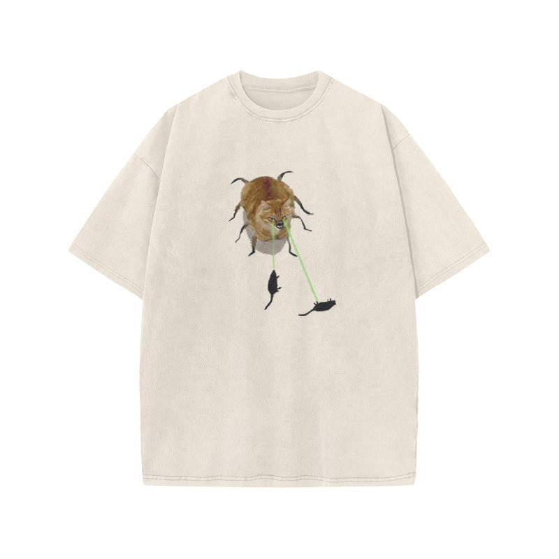 Unisex Spidercat Catching Mice Print Acid Washed T-shirt