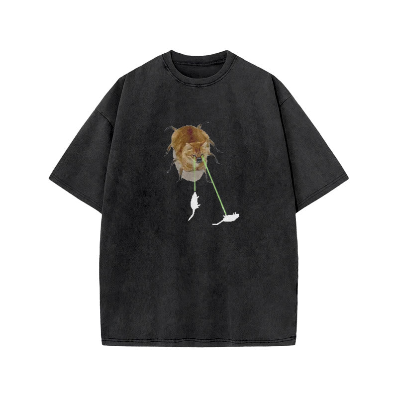 Unisex Spidercat Catching Mice Print Acid Washed T-shirt