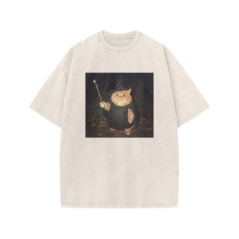 Unisex Spellcasting Wizard Cat Print Acid Washed T-shirt