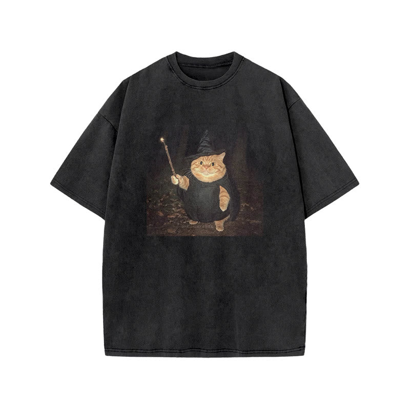 Unisex Spellcasting Wizard Cat Print Acid Washed T-shirt