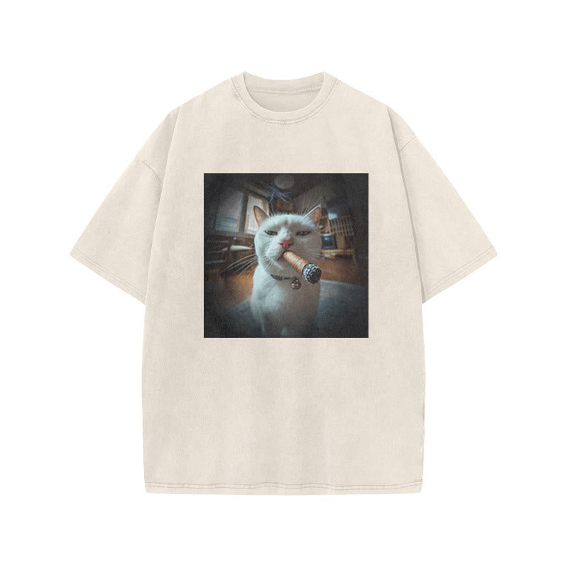Unisex Cat Smoking A Cigar Print Acid Washed T-shirt