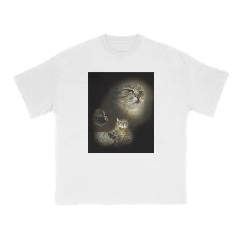 Unisex Cat And Wine Print T-shirt