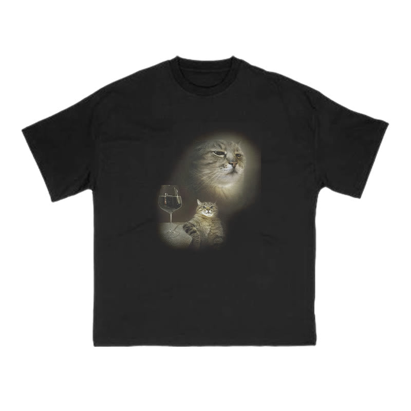 Unisex Cat And Wine Print T-shirt
