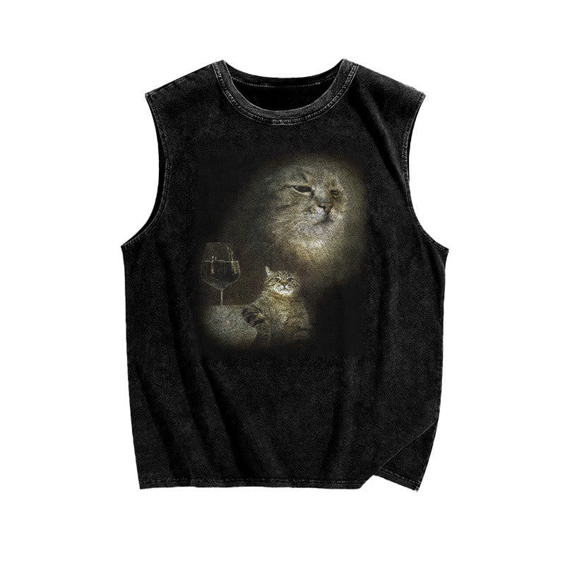 Unisex Cat And Wine Print Washed Tank Top