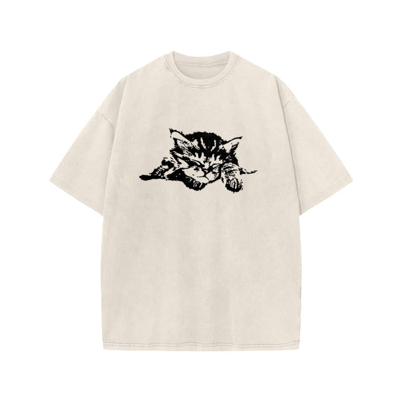 Unisex Quiet Sleeping Cat Print Acid Washed T-shirt
