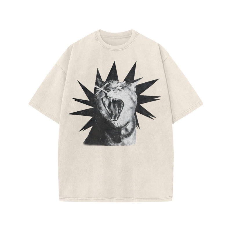 Unisex Shout Cat Print Acid Washed T-shirt