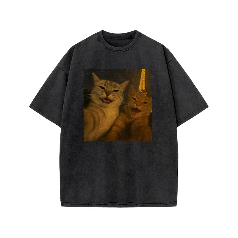Unisex Selfie Cat Print Acid Washed T-shirt