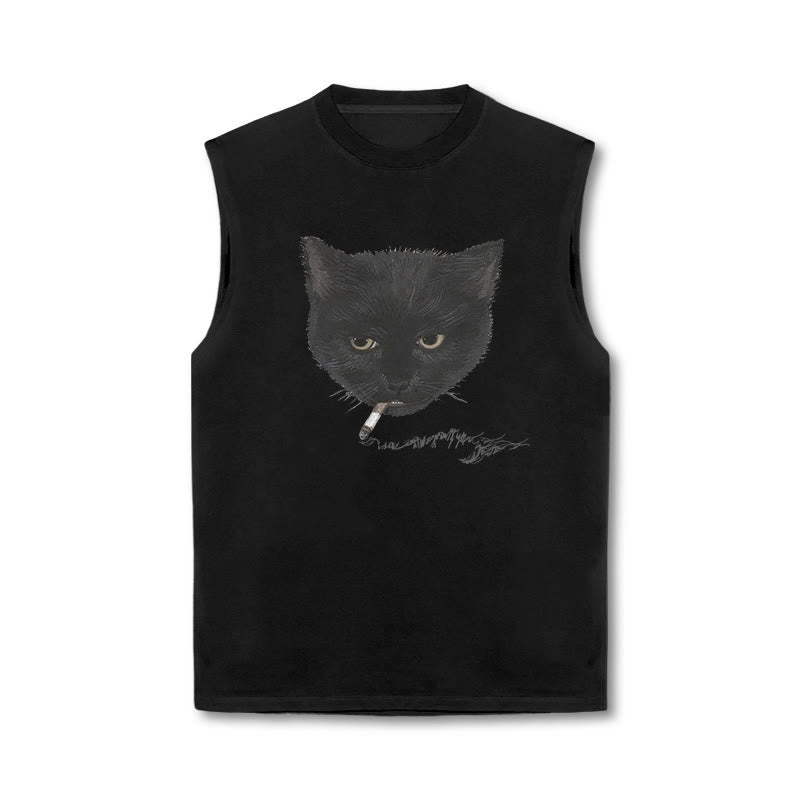 Unisex Smocking Cat Print Tank Top
