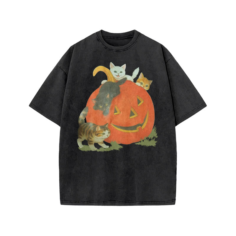 Unisex Cats Playing On Pumpkins Halloween Print Acid Washed T-shirt