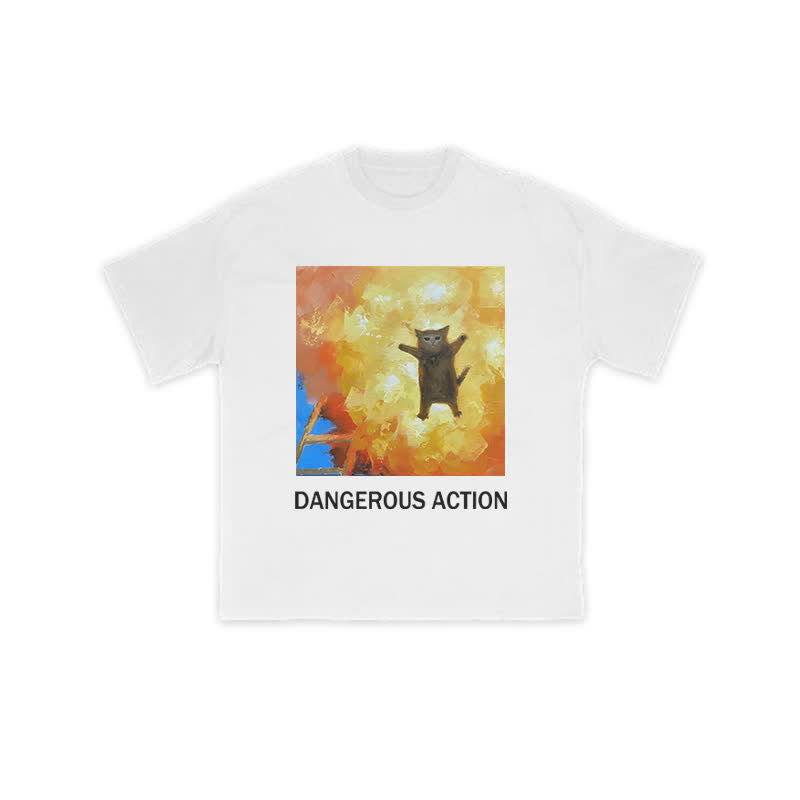 Unisex 100% Cotton Dangerous Action Cat Art Print T-shirt