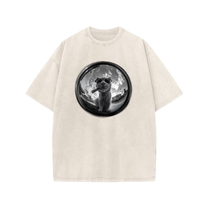 Unisex Interest Cat Art Print Acid Washed T-shirt
