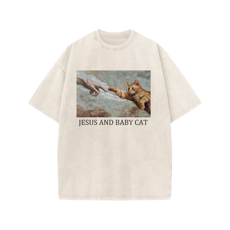 Unisex Jesus And Baby Cat Print Acid Washed T-shirt