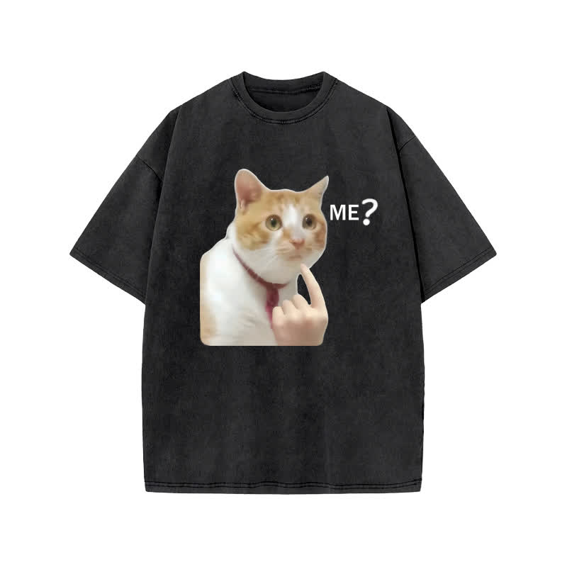Unisex Puzzled Cat Print Acid Washed T-shirt